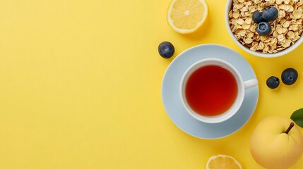 Healthy Breakfast with Tea  Oatmeal  Fruit  and Blueberries on Yellow Background