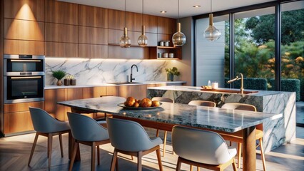 Wall Mural - Minimalist modern interior design of kitchen with white marble stone island, dining table and chairs.
