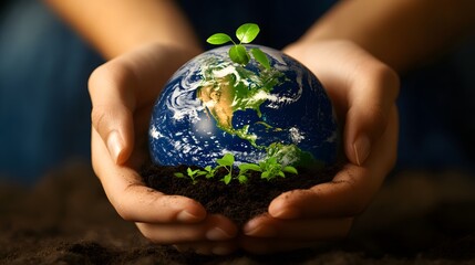 Hands Holding Earth with Growing Plants: Hands holding the Earth, with small green plants sprouting from its surface, symbolizing growth and renewal.
