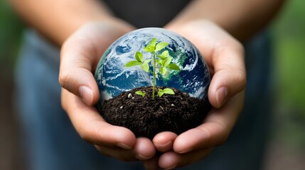 Wall Mural - Hands Holding Earth with Growing Plants: Hands holding the Earth, with small green plants sprouting from its surface, symbolizing growth and renewal.
