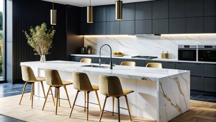 Wall Mural - Minimalist modern interior design of kitchen with white marble stone island, dining table and chairs.
