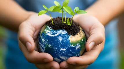 Canvas Print - Hands Holding Earth with Growing Plants: Hands holding the Earth, with small green plants sprouting from its surface, symbolizing growth and renewal.
