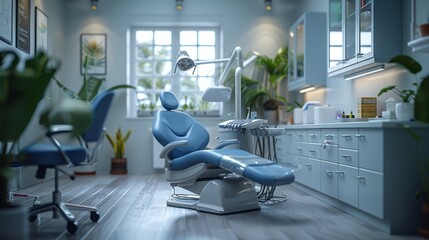 Poster - A dentist's office with a blue chair and a potted plant