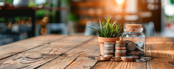 Wall Mural - Jar filled with coins and a small potted plant on a rustic wooden table, symbolizing financial growth and savings.