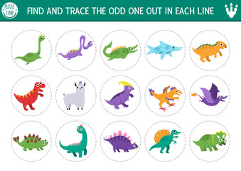 Wall Mural - Find the odd one out. Dinosaur logical activity for kids. Prehistoric educational quiz worksheet for attention skills. Dino land printable game with T-rex, water, carnivorous, herbivorous animals