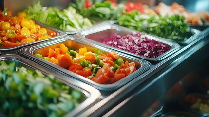 Wall Mural - A vibrant salad bar illuminated brightly with diverse vegetables and organized trays, presenting fresh, healthy meal options in an appetizing display of high-contrast colors in a restaurant setting.