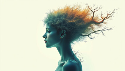 Poster - a woman with a tree in her hair and a white background