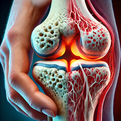 3D model bone: Close-up joint affected by arthritis, focusing on swelling, inflammation around joint. degradation of cartilage, narrowing of joint space, buildup of synovial fluid that causes pain.