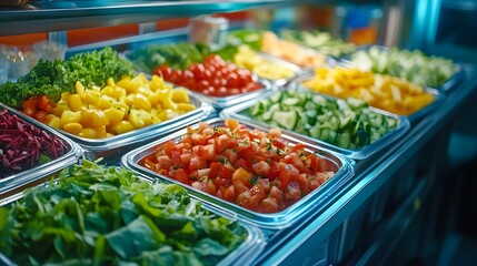 Wall Mural - A vibrant salad bar illuminated brightly with diverse vegetables and organized trays, presenting fresh, healthy meal options in an appetizing display of high-contrast colors in a restaurant setting.