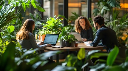 Wall Mural - Three People Working on Laptops in a Green Office