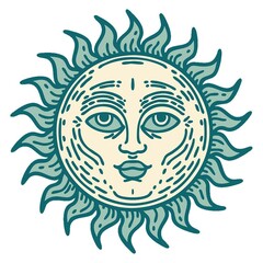 Wall Mural - iconic tattoo style image of a sun with face