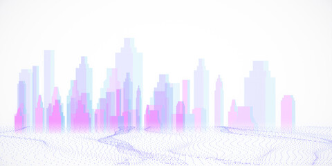 Poster - Abstract digital cityscape with geometric buildings in pastel colors on a white background. Concept of modern technology and urbanization. 3D Rendering