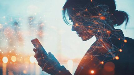 Aufkleber - Businesswoman holding smartphone with global network connection visual effect at sunset