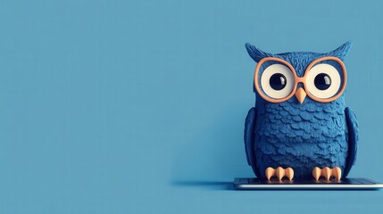 Wall Mural - business concept in minimal of owl business consultant, reviewing data on a laptop, corporate enviro