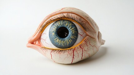Poster - A detailed anatomical model of the human eye, illustrating the different parts such as the cornea, retina, and optic nerve, placed on a simple white background.