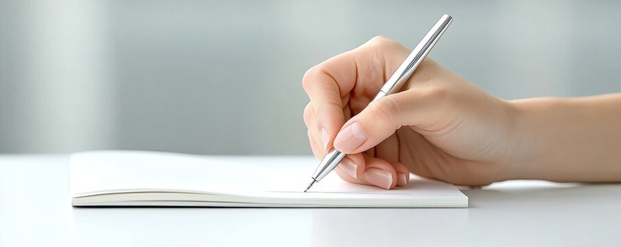 Close-up of a hand writing with a sleek black pen, the ink flowing smoothly across a blank white page in a minimalist setting