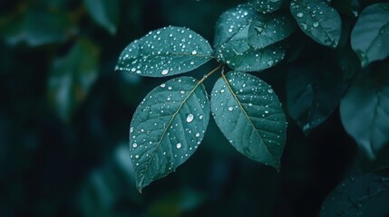 Aufkleber - A detailed shot of a leaf with dew drops in a rain-drenched garden, showcasing the natural beauty and resilience of plants in wet conditions.