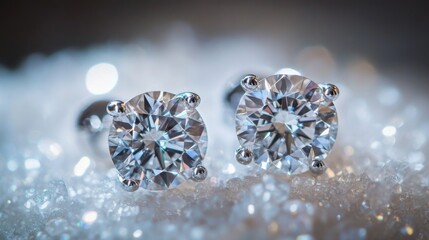 Poster - A detailed shot of a pair of diamond earrings with a unique design, captured with a macro lens to emphasize the cut and sparkle of each stone.