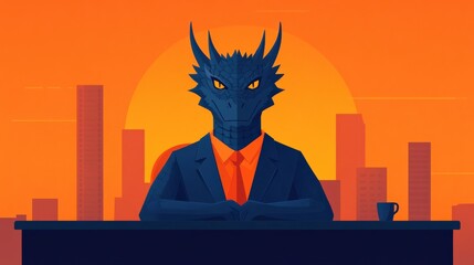 Wall Mural - business concept in minimal of dragon ceo leading a corporate empire, sitting at a desk with skyscra