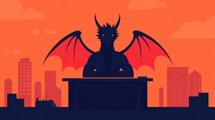 Wall Mural - business concept in minimal of dragon ceo leading a corporate empire, sitting at a desk with skyscra