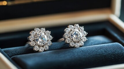 Poster - A detailed shot of diamond earrings set in an elegant jewelry box, with a focus on the intricate design and quality of the gemstones and setting.