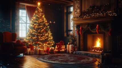 Wall Mural - interior christmas magic glowing tree, fireplace, gifts