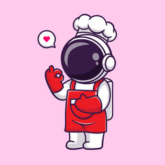 Wall Mural - Cute Astronaut Chef Wearing Apron Cartoon Vector Icon 
Illustration Science Food Icon Concept Isolated Premium 
Vector. Flat Cartoon Style