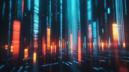 Leinwandbilder - A digital 3D bar chart projected on a virtual screen, with tall, glowing bars reaching upward, symbolizing market growth and success in the financial sector.