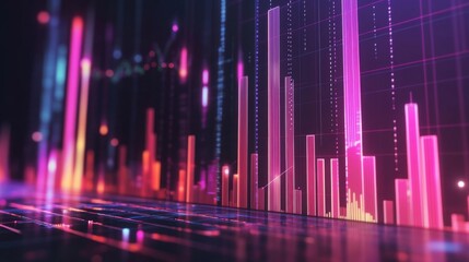 Leinwandbilder - A digital 3D bar chart projected on a virtual screen, with tall, glowing bars reaching upward, symbolizing market growth and success in the financial sector.