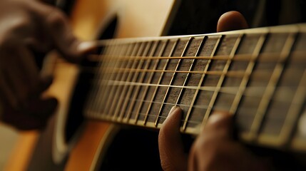 Musician’s Hand Playing a Guitar: A musician's hand strumming a guitar, with focus on the strings and hand movements.
