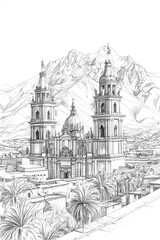 Arequipa, Peru, black and white pen pencil hand-drawn effect portrait drawing illustration for travel poster, card, wallpaper, backdrop or banner. Modern, clear, artistic and simple