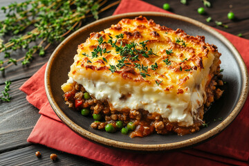 Hearty shepherds pie served on a rustic plate with vibrant vegetables during a cozy meal setting