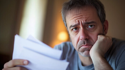 Man sitting at desk with concerned expression, holding stack of papers symbolizing financial stress and national debt, emphasizing personal and economic challenges.