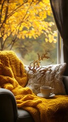 A cozy autumn scene with yellow blankets and a cup of coffee on an armchair by the window, inviting warmth for fall relaxation