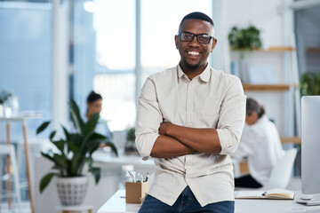 Poster - Smile, confidence and portrait of black man in office with pride, opportunity or creative development. Happy, website designer or consultant at tech startup with online career, job and arms crossed