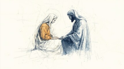 Wall Mural - Hand drawn illustration of two saints praying together.