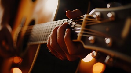 Musician’s Hand Playing a Guitar: A musician's hand strumming a guitar, with focus on the strings and hand movements.
