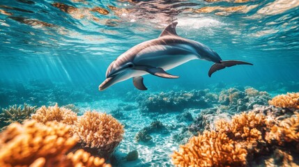 Poster - A dolphin swimming in a clear lagoon with vibrant coral and marine life visible below, showcasing the beauty of both the animal and its environment.