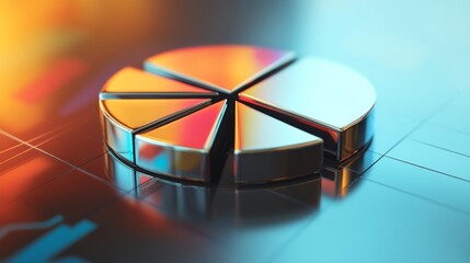 Poster - A dynamic 3D pie chart with metallic segments, arranged on a reflective surface, representing financial data and business performance.