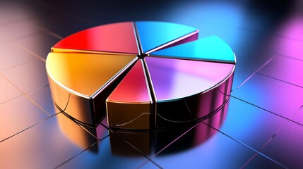 Poster - A dynamic 3D pie chart with metallic segments, arranged on a reflective surface, representing financial data and business performance.