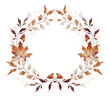 © satika - Watercolor autumn floral symmetric wreath frame. Orange, brown, gray, beige fall maple leaves, flowers, wild branches and twigs. Hand drawn illustration. Watercolour artistic template design.