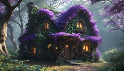 Wall Mural - Enchanted forest cottages draped in vibrant purple curly ivy, capturing a whimsical and magical atmosphere.