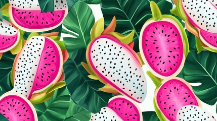 Wall Mural - Vibrant Tropical Watermelon and Leaves Pattern