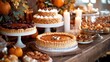 © keetazalay - A close-up of a Thanksgiving dessert table at a chic urban event featuring a variety of pumpkin treats including pies tarts and cakes the table decorated with modern fall elements and candles
