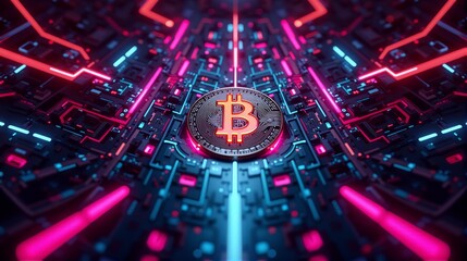 A futuristic Bitcoin placed in the middle, encircled by pink neon lights and digital lines in a modern design