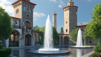 Wall Mural - Stunning twin towers facade adorned with elegant water fountains and intricate architectural details