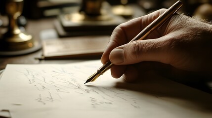 Writer’s Hand Holding a Pen on Paper: A writer's hand elegantly holding a pen, with handwritten notes visible on a sheet of paper. 
