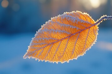 Frost patterns on a leaf in early morning