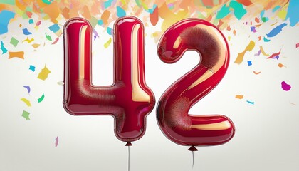 Red birthday / anniversary balloon, number 42, white background with confetti