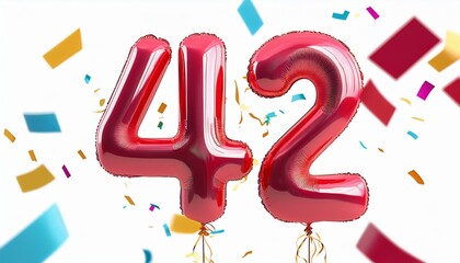 Red birthday / anniversary balloon, number 42, white background with confetti